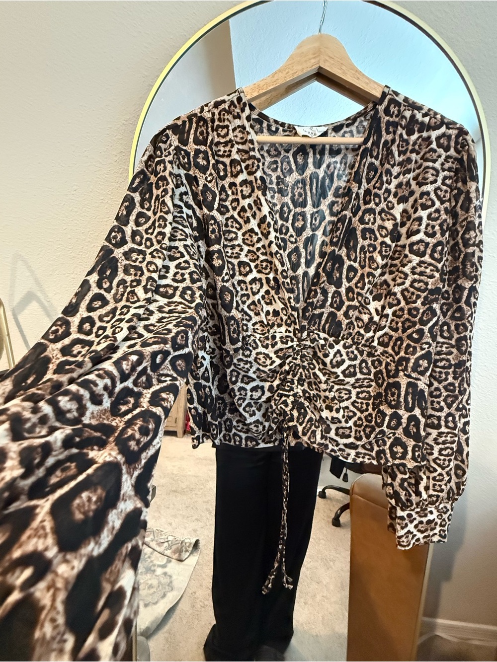 Leopard Print V-Neck Drawstring Blouse - Brown/Black